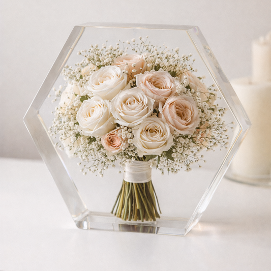 Bouquet matrimonio conservato in resina a forma di esagono con nomi personalizzati, creazione artigianale Pollon Resinart Milano