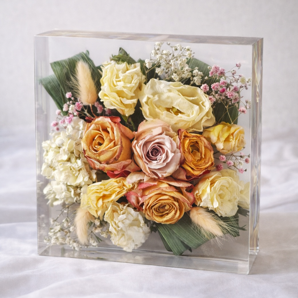Conservazione bouquet matrimonio in resina quadrato | Pollon Resinart Milano Lombardia